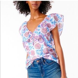 J.Crew Floral Vine Block Print Ruffle Sleeve V-Neck Cotton Blouse S
